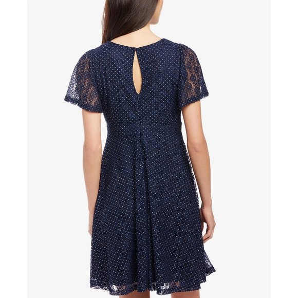 MOTHERHOOD Maternity Navy Blue & Gold Polka Dot Short Sleeve Lace Dress sz M - Picture 11 of 12